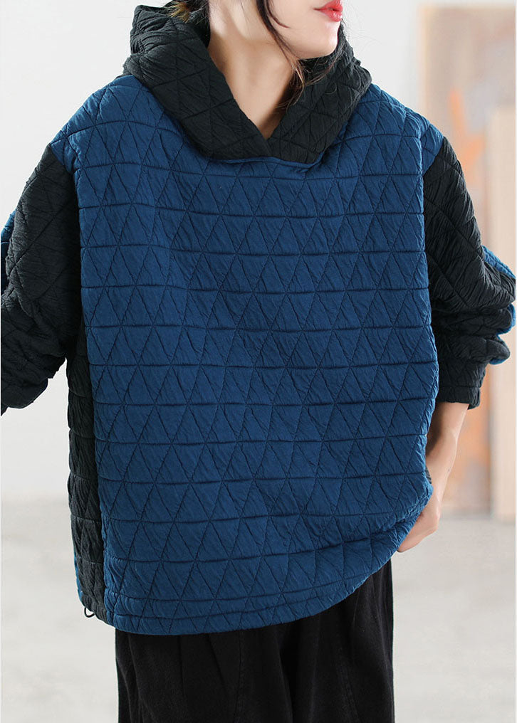 Modern Blue Hooded Patchwork Fine Cotton Filled Sweatshirt Winter