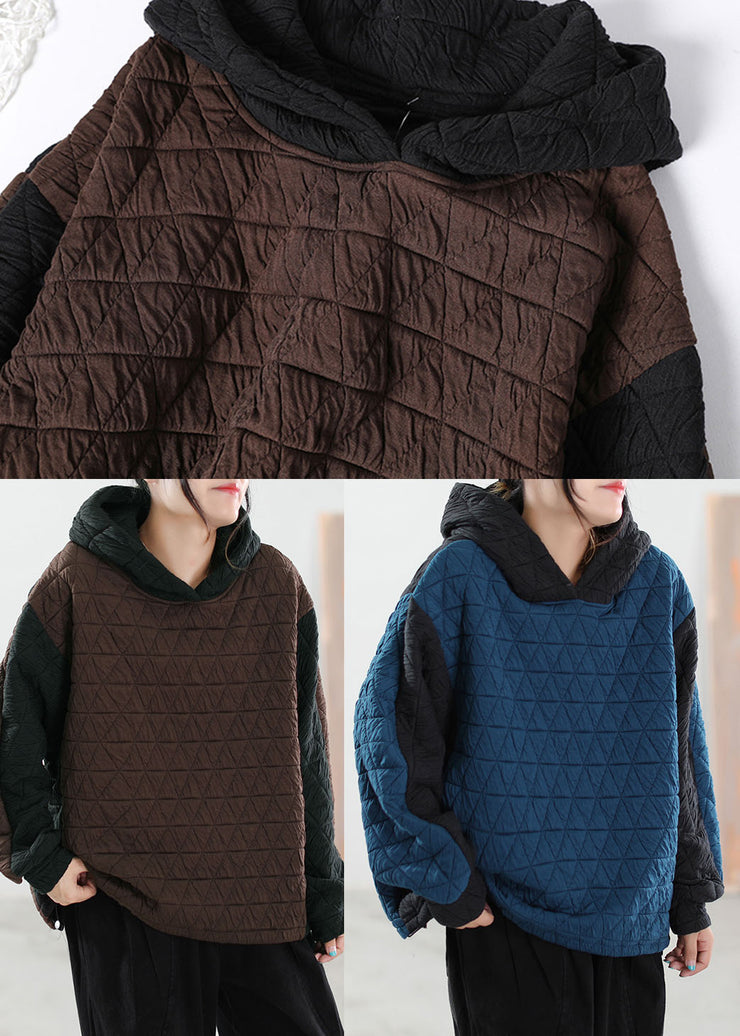 Modern Blue Hooded Patchwork Fine Cotton Filled Sweatshirt Winter