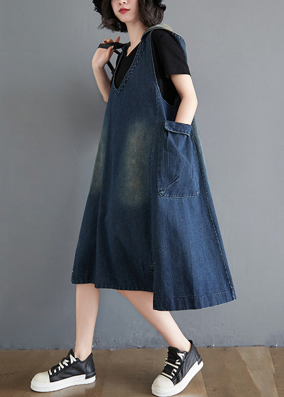 Modern Blue HoodedPockets Patchwork Denim Waistcoat Long Dress Sleeveless