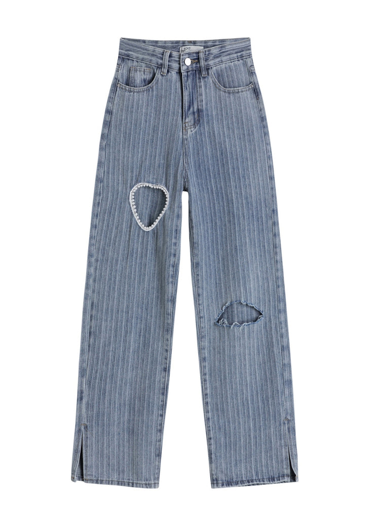 Moderne blaue liebevolle Herz-Patchwork-Nagel-Korn-Seiten-offene Taschen-Knopf-hohe Taillen-Hosen-Sommer