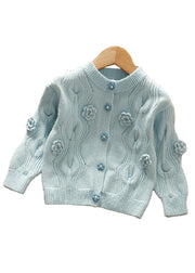 Modern Blue O-Neck Button Patchwork Knit Girls Cardigan Fall