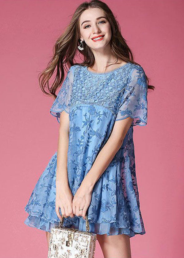 Modern Blue O-Neck Embroidered Organza Dresses Summer