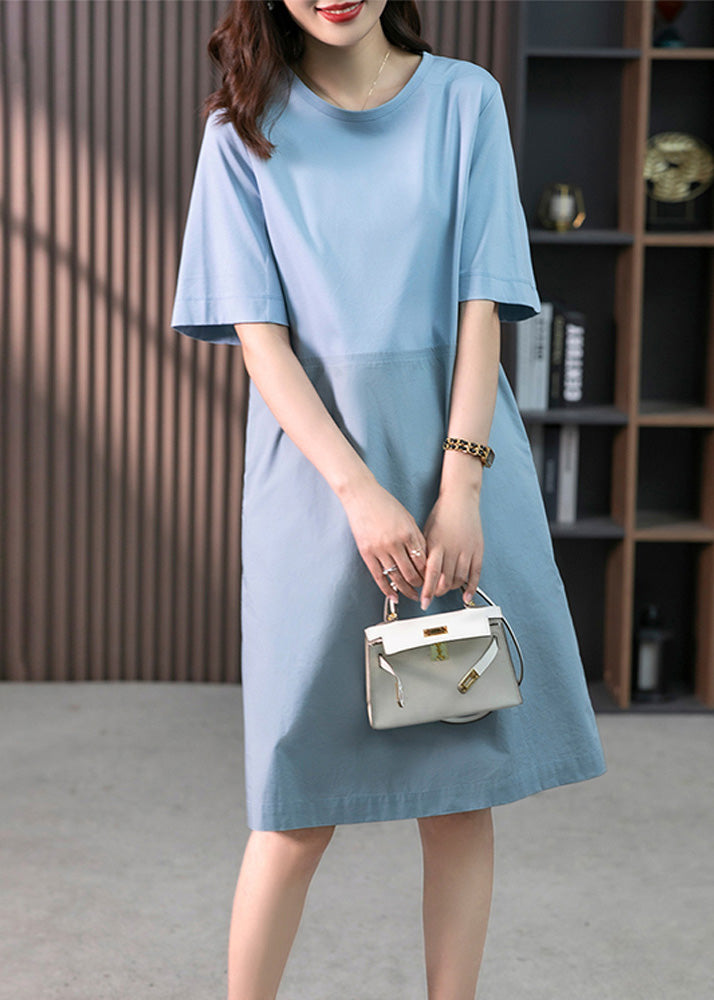 Modern Blue O-Neck Patchwork Cotton Maxi Dresses Short Sleeve