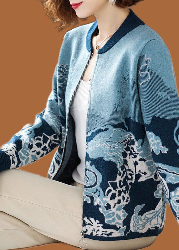 Modern Blue O-Neck Zip Up Print Knit Jackets Long Sleeve