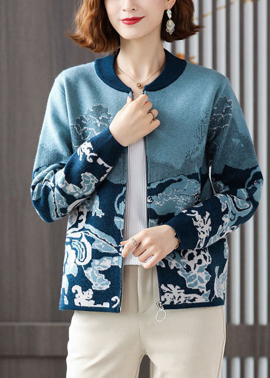 Modern Blue O-Neck Zip Up Print Knit Jackets Long Sleeve