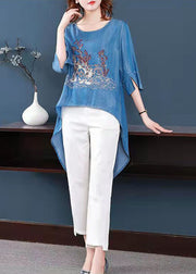 Modern Blue O-Neck side open low high design Embroidered top Half Sleeve