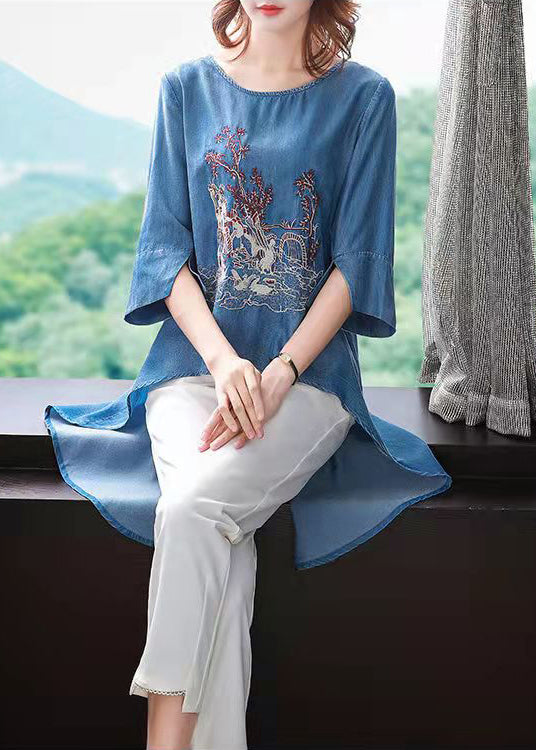 Modern Blue O-Neck side open low high design Embroidered top Half Sleeve
