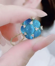 Modern Blue Overgild Zircon Cat's Eye Stone Floral Stud Earrings