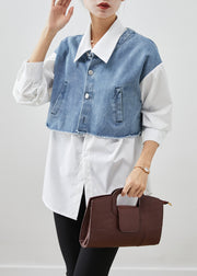 Modern Blue Oversized Patchwork Cotton Fake Two Piece Blouses Fall