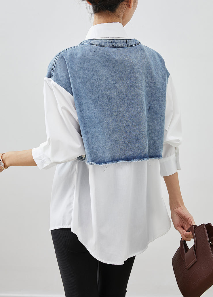 Modern Blue Oversized Patchwork Cotton Fake Two Piece Blouses Fall