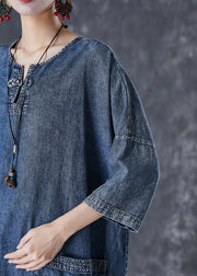 Modern Blue Oversized Pockets Chinese Button Denim Dresses Summer