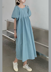 Modern Blue Patchwork Wrinkled Slim Cotton Maxi Dresses Summer