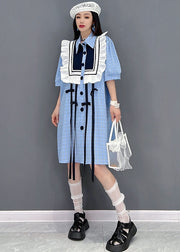 Modern Blue Peter Pan Collar Patchwork Ruffles Plaid Cotton Maxi Dresses Short Sleeve