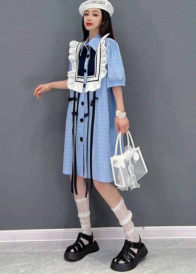 Modern Blue Peter Pan Collar Patchwork Ruffles Plaid Cotton Maxi Dresses Short Sleeve