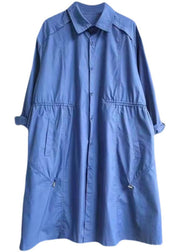 Moderne blaue Trenchcoats mit Peter-Pan-Kragen und Taschen aus Baumwolle