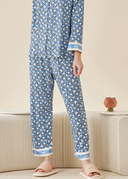 Modern Blue Peter Pan Collar Print Button Ice Silk Pajamas Two Pieces Set Long Sleeve