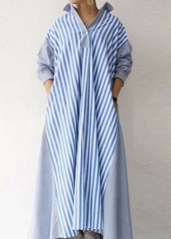 Modern Blue Peter Pan Collar Striped Cotton Dress Long Sleeve