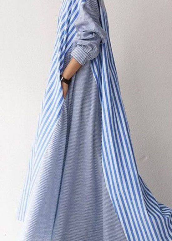 Modern Blue Peter Pan Collar Striped Cotton Dress Long Sleeve