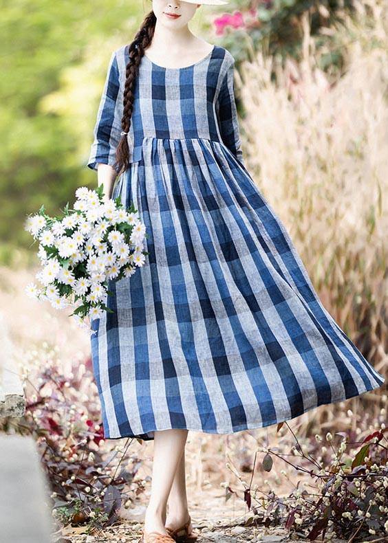 Modern Blue Plaid asymmetrical design Holiday Summer Linen Dress - SooLinen