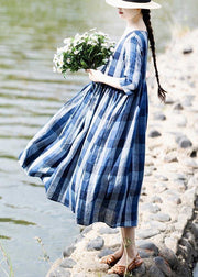 Modern Blue Plaid asymmetrical design Holiday Summer Linen Dress - SooLinen