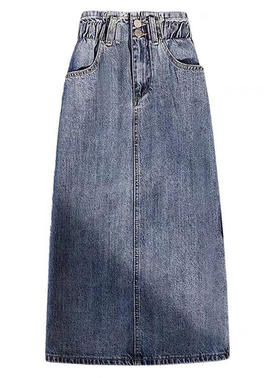 Modern Blue Pockets Elastic Waist Patchwork Denim Skirt Fall