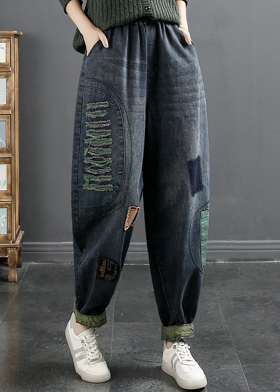 Modern Blue Pockets Elastic Waist Patchwork Jeans Fall