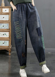 Modern Blue Pockets Elastic Waist Patchwork Jeans Fall