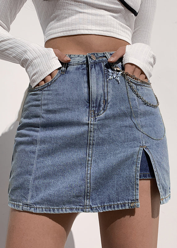 Modern Blue Pockets High Waist Patchwork Denim Skirts Summer