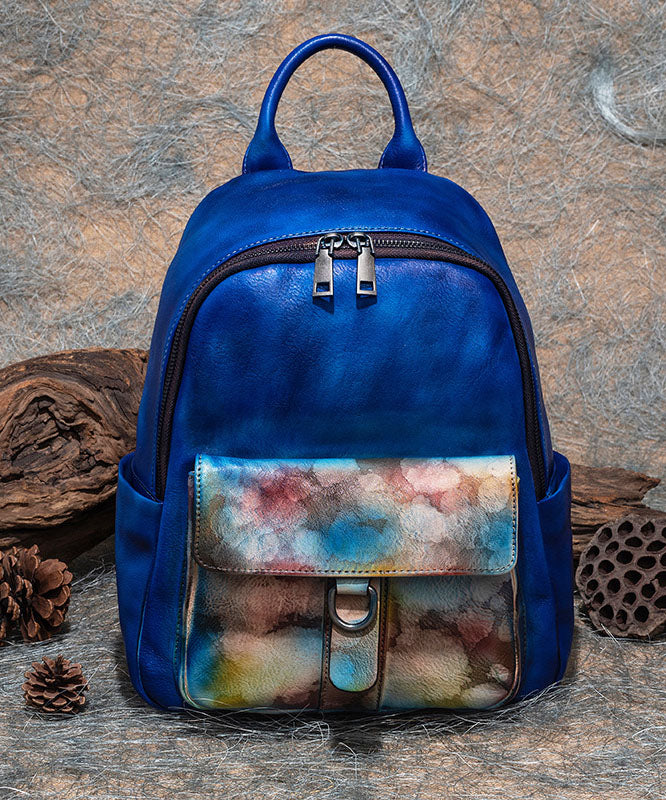 Modern Blue Print Paitings Calf Leather Backpack Bag