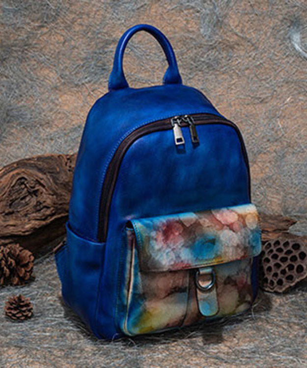 Modern Blue Print Paitings Calf Leather Backpack Bag
