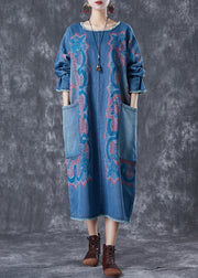 Modern Blue Print Patchwork Pockets Denim Maxi Dresses Fall