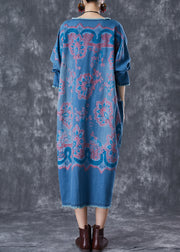 Modern Blue Print Patchwork Pockets Denim Maxi Dresses Fall