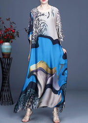 Modern Blue Print asymmetrical design Casual Summer Silk Long Dress - SooLinen