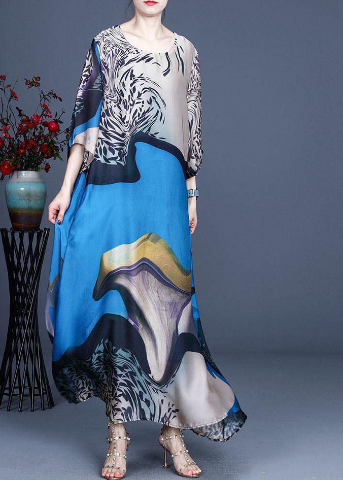 Modern Blue Print asymmetrical design Casual Summer Silk Long Dress ...