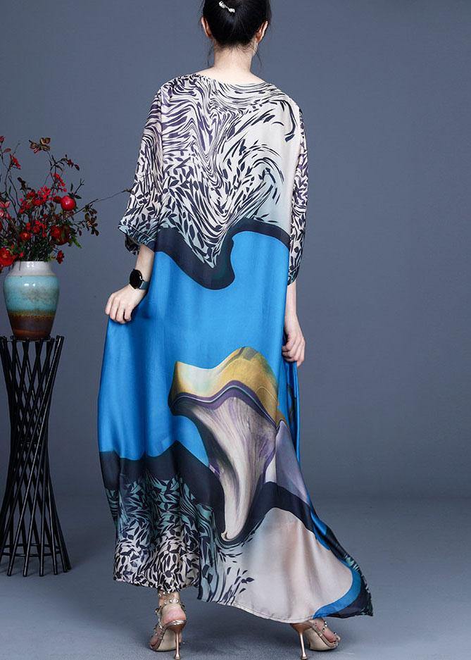 Modern Blue Print asymmetrical design Casual Summer Silk Long Dress - SooLinen