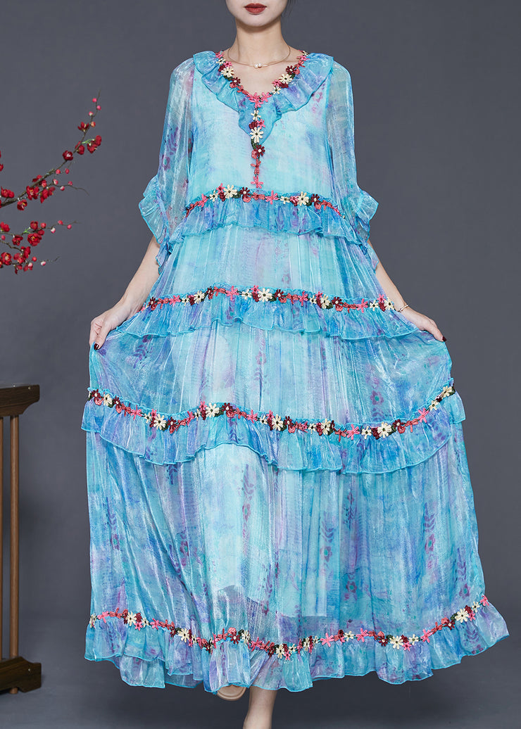 Modern Blue Ruffled Floral Chiffon Robe Dresses Spring