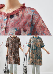 Modern Blue Ruffled Print Linen Mid Dress Summer