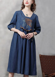 Modern Blue Square Collar Embroidered Cotton Denim Dresses Half Sleeve