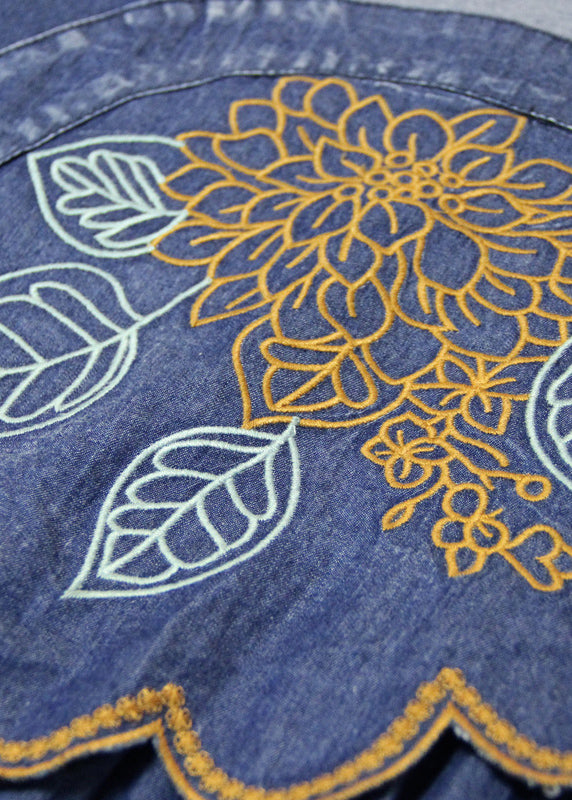 Modern Blue Square Collar Embroidered Cotton Denim Dresses Half Sleeve