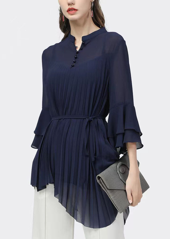 Modern Blue Stand Collar Asymmetrical Wrinkled Chiffon Shirt Tops Bracelet Sleeve