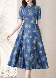 Modern Blue Stand Collar Cinched Print Denim Dress Short Sleeve