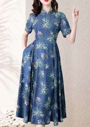 Modern Blue Stand Collar Cinched Print Denim Dress Short Sleeve