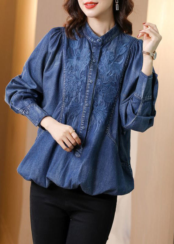 Modern Blue Stand Collar Embroidered Cotton Denim Coats Batwing Sleeve