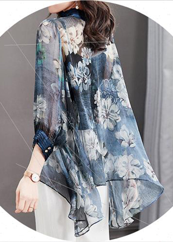 Modern Blue Stand Collar Print Asymmetrical Silk Shirt Long Sleeve