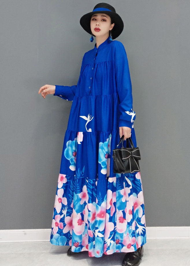 Modern Blue Stand Collar Print Exra Large Hem Cotton A Line Dress Long Sleeve