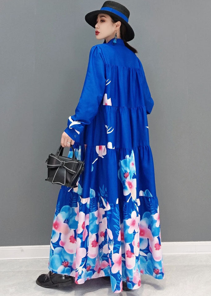 Modernes blaues A-Linienkleid mit langem Ärmel und extra großem Saum aus Baumwolle mit Stehkragen