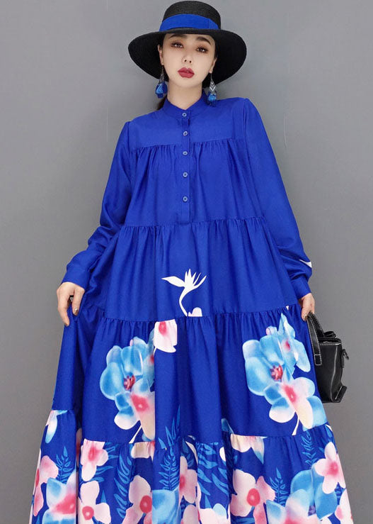Modernes blaues A-Linienkleid mit langem Ärmel und extra großem Saum aus Baumwolle mit Stehkragen