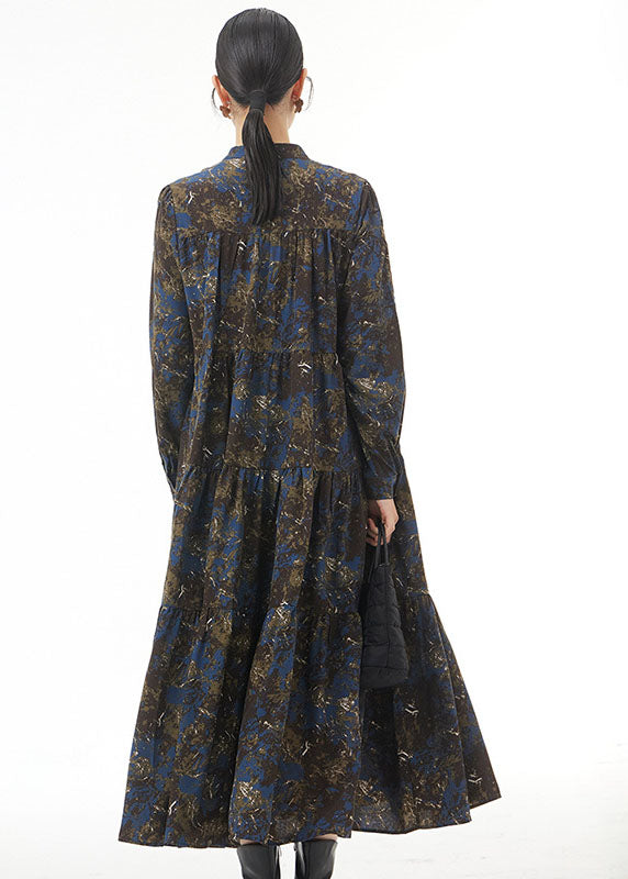 Modern Blue Stand Collar Print Wrinkled Patchwork Cotton Dresses Spring