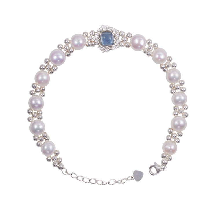 Modern Blue Sterling Silver Overgild InlaidGem Stone Pearl Chain Bracelet