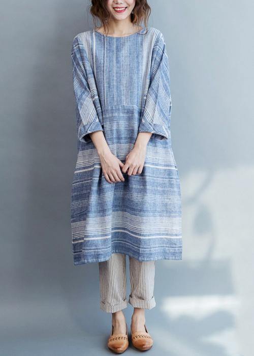 Modern Blue Striped Cotton Pockets Summer Maxi Dresses - SooLinen